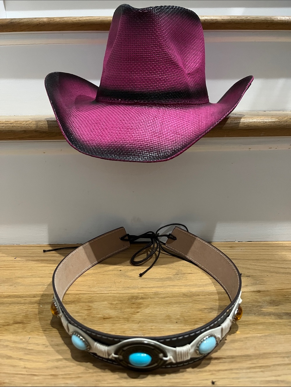 Women's Magenta Western Straw Cowboy Hat with Turquoise Concho Band - Picture 6 of 6